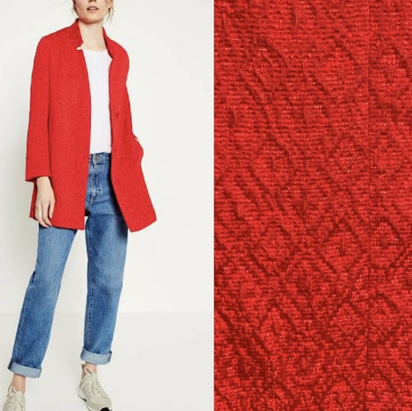 VGUC Zara Jacquard Herringbone Buttoned Mid Length Coat Red Size Large - Picture 2 of 16